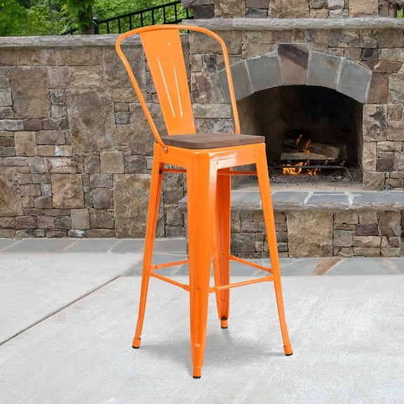 Flash Furniture 30" High Orange Metal Barstool with Back and Wood Seat