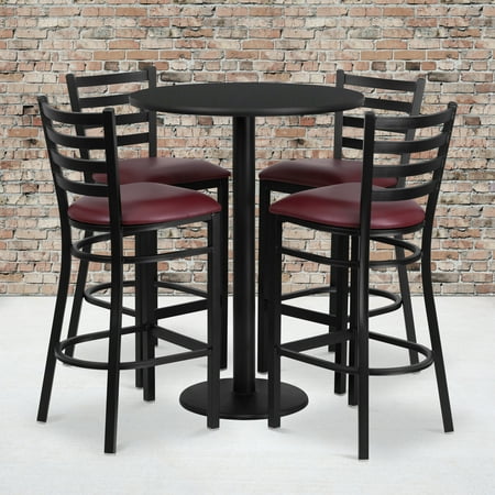 Flash Furniture 30'' Round Black Laminate Table Set with Round Base and 4 Ladder Back Metal Barstools - Burgundy Vinyl Seat