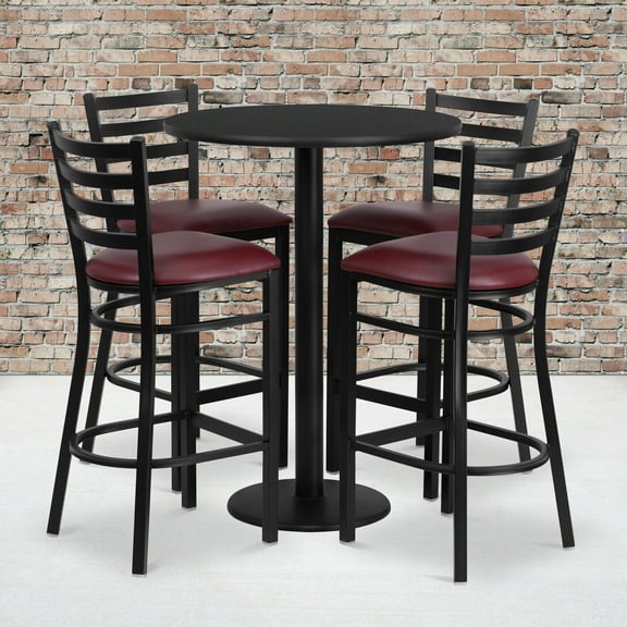 Flash Furniture 30'' Round Black Laminate Table Set with Round Base and 4 Ladder Back Metal Barstools - Burgundy Vinyl Seat