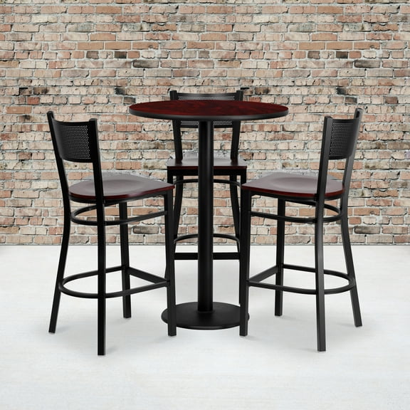 Flash Furniture 30'' Round Mahogany Laminate Table Set with 3 Grid Back Metal Barstools - Mahogany Wood Seat