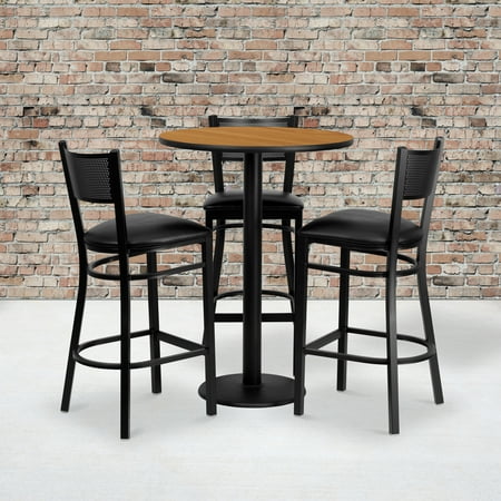 Flash Furniture 30'' Round Natural Laminate Table Set with 3 Grid Back Metal Barstools - Black Vinyl Seat