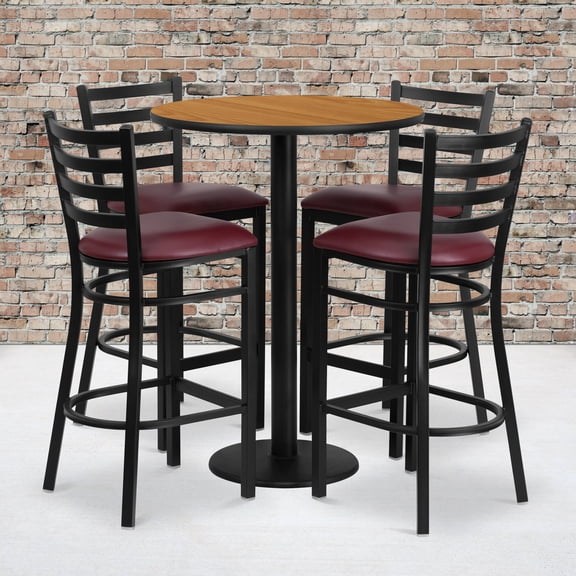 Flash Furniture 30'' Round Natural Laminate Table Set with Round Base and 4 Ladder Back Metal Barstools - Burgundy Vinyl Seat