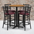 thumbnail image 1 of Flash Furniture 30'' Round Natural Laminate Table Set with X-Base and 4 Ladder Back Metal Barstools - Burgundy Vinyl Seat, 1 of 4