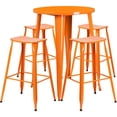 thumbnail image 1 of Flash Furniture 30'' Round Orange Metal Indoor-Outdoor Bar Table Set with 4 Backless Saddle Seat Barstools, 1 of 2