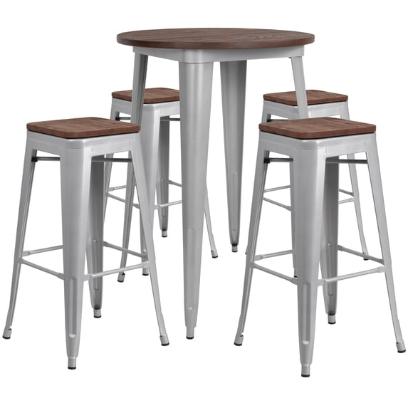 Flash Furniture 30" Round Silver Metal Bar Table Set with Wood Top and 4 Backless Stools