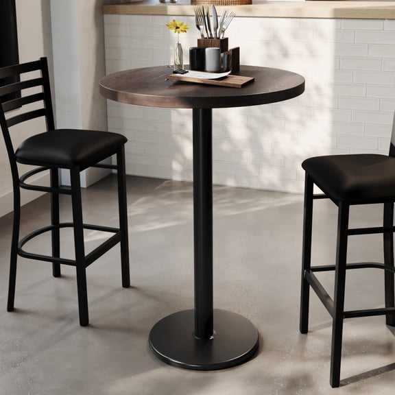 Flash Furniture 30" Round Solid Wood Commercial Indoor Tabletop in Dark Brown with 18" Round Bar Height Rust-Resistant Black Cast Iron Base