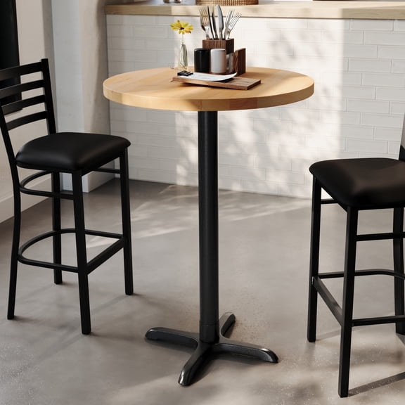 Flash Furniture 30" Round Solid Wood Commercial Indoor Tabletop in Natural with 22" x 22" Bar Height Rust-Resistant Black Cast Iron X-Base