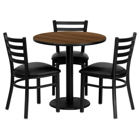 Flash Furniture 30'' Round Walnut Laminate Table Set with 3 Ladder Back Metal Chairs - Black Vinyl Seat