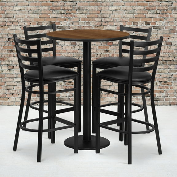 Flash Furniture 30'' Round Walnut Laminate Table Set with Round Base and 4 Ladder Back Metal Barstools - Black Vinyl Seat
