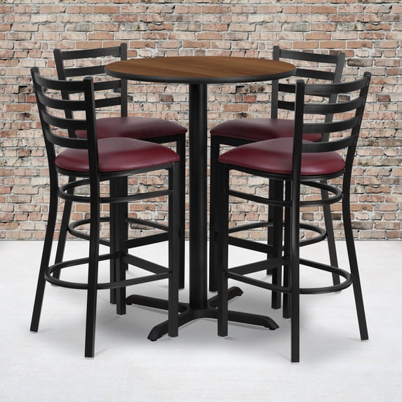 Flash Furniture 30'' Round Walnut Laminate Table Set with X-Base and 4 Ladder Back Metal Barstools - Burgundy Vinyl Seat