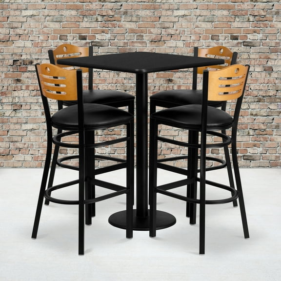 Flash Furniture 30'' Square Black Laminate Table Set with 4 Wood Slat Back Metal Barstools - Black Vinyl Seat
