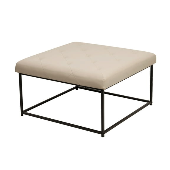Flash Furniture 30" Square LeatherSoft Tufted Ottoman with Metal Frame, Beige LeatherSoft/Black Frame