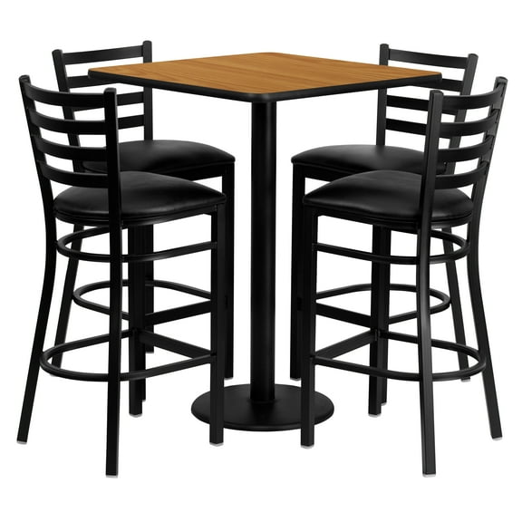 Flash Furniture 30'' Square Natural Laminate Table Set with 4 Ladder Back Metal Barstools - Black Vinyl Seat