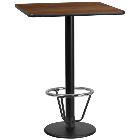Flash Furniture 30'' Square Walnut Laminate Table Top with 18'' Round Bar Height Table Base and Foot Ring