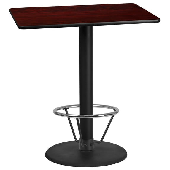 Flash Furniture 30'' x 42'' Rectangular Mahogany Laminate Table Top with 24'' Round Bar Height Table Base and Foot Ring