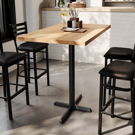 Flash Furniture 30" x 48" Solid Wood Commercial Indoor Tabletop in Natural with 23.5" x 29.5" Bar Height Rust-Resistant Black Cast Iron X-Base