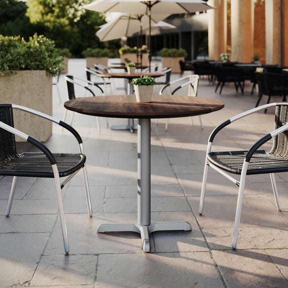 Flash Furniture 31.25" Round Indoor Outdoor Tabletop in Dark Brown with TopGuard HPL Technology and 22" x 22" Silver Cast Iron X Table Base