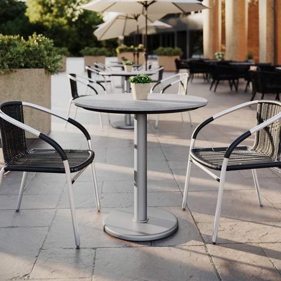 Flash Furniture 31.25" Round Indoor Outdoor Tabletop in Gray Faux Concrete with TopGuard HPL Technology and 18" Round Silver Cast Iron Table Base