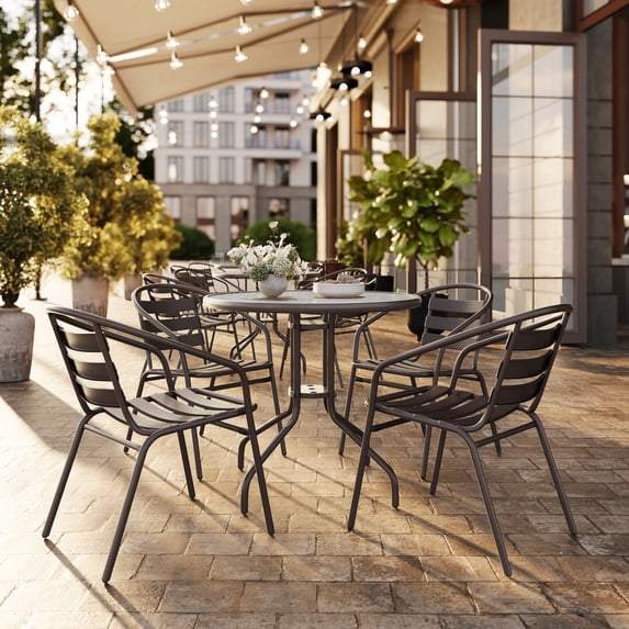 Flash Furniture 31.5'' Round Glass Top Metal Table with 4 Bronze Aluminum Slat Stack Chairs