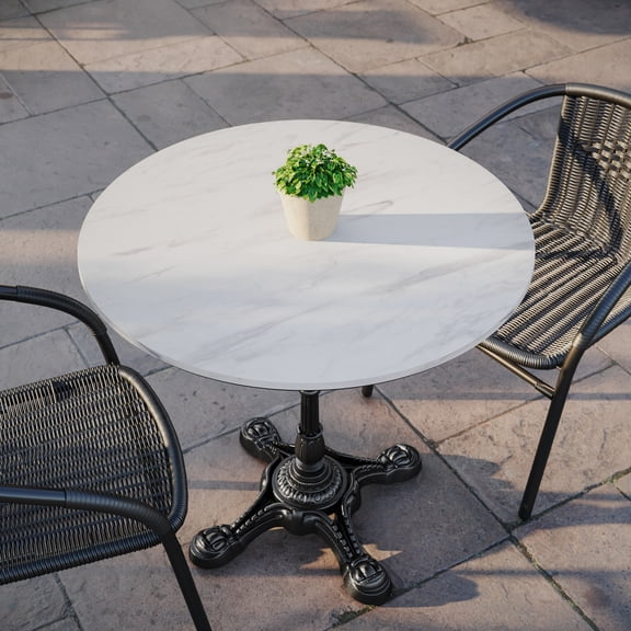 Flash Furniture 31.5" Round White Faux Marble Outdoor Tabletop with Seamless Surface Technology, Moisture, Scratch, Heat, UV Resistant