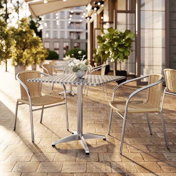 Flash Furniture 31.5'' Square Aluminum Indoor-Outdoor Table Set with 2 Beige Rattan Chairs