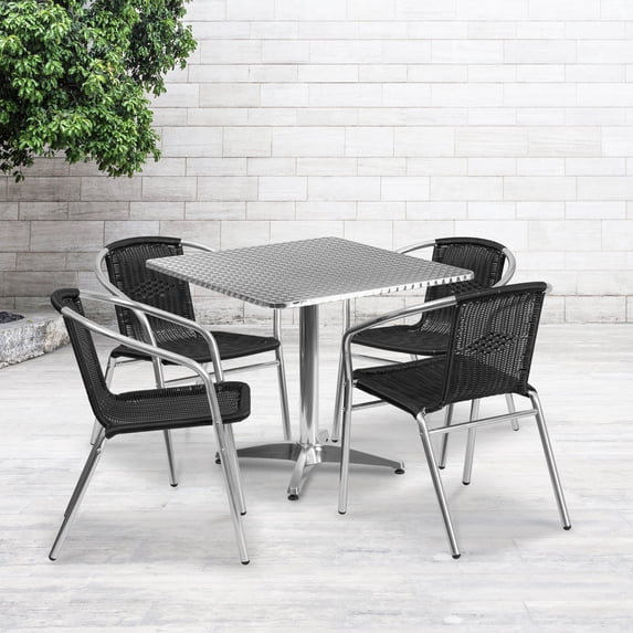 Flash Furniture 31.5'' Square Aluminum Indoor-Outdoor Table Set with 4 Black Rattan Chairs