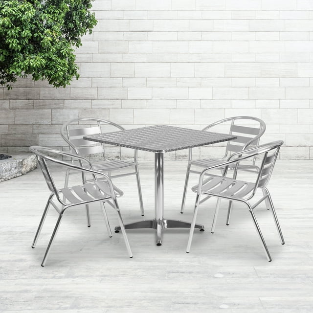 Flash Furniture 31.5'' Square Aluminum Indoor-Outdoor Table Set with 4 Slat Back Chairs