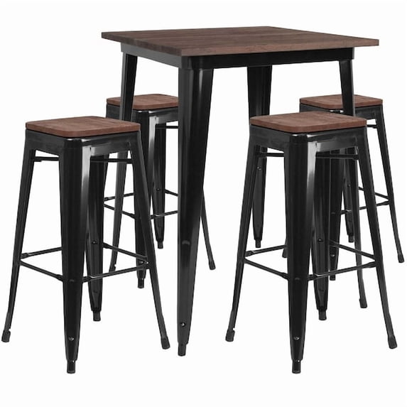 Flash Furniture 31.5" Square Black Metal Bar Table Set with Wood Top and 4 Backless Stools