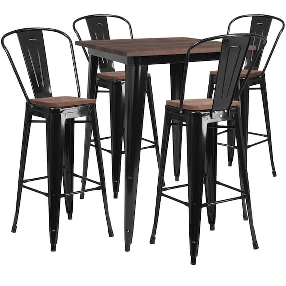 Flash Furniture 31.5" Square Black Metal Bar Table Set with Wood Top and 4 Stools