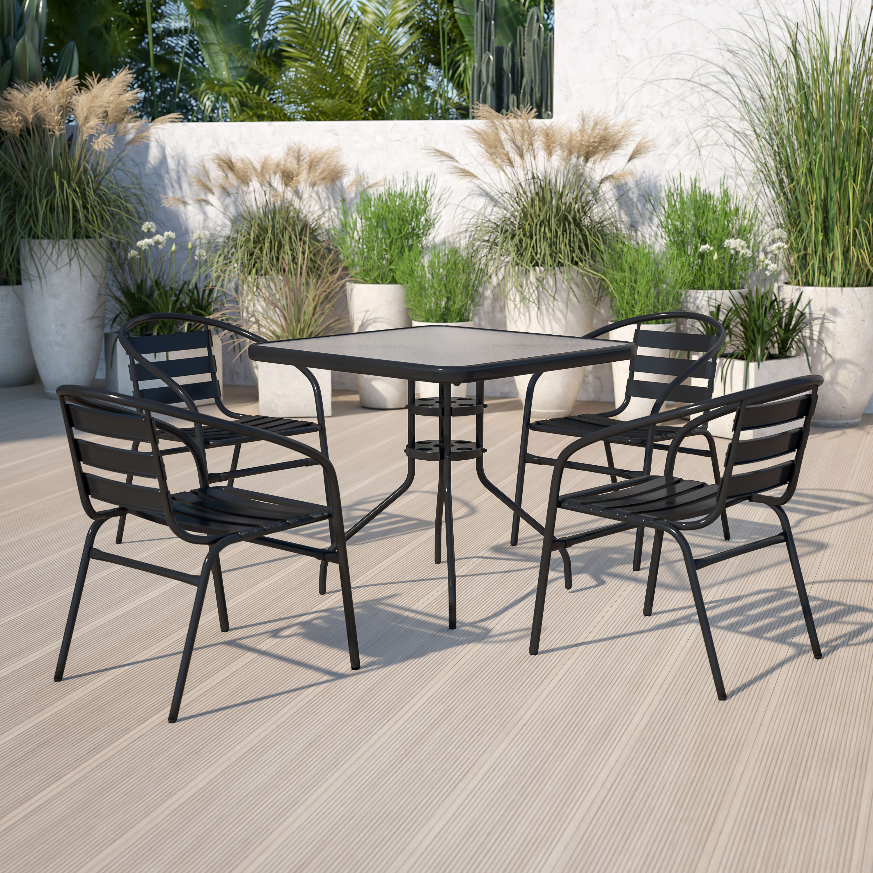Flash Furniture 31.5'' Square Glass Metal Table with 4 Black Metal Aluminum Slat Stack Chairs - image 1 of 13