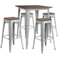 thumbnail image 1 of Flash Furniture 31.5" Square Silver Metal Bar Table Set with Wood Top and 4 Backless Stools, 1 of 2