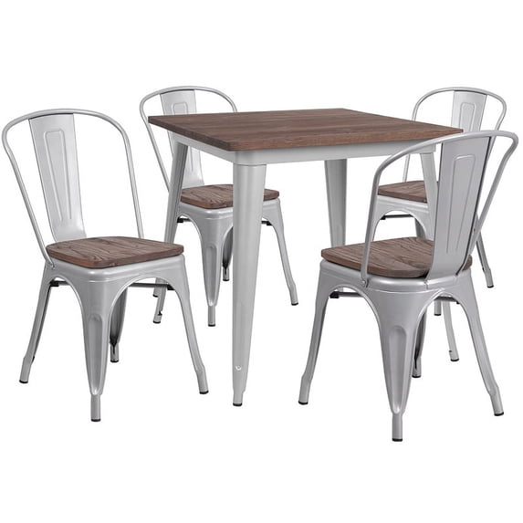Flash Furniture 31.5" Square Silver Metal Table Set with Wood Top and 4 Stack Chairs
