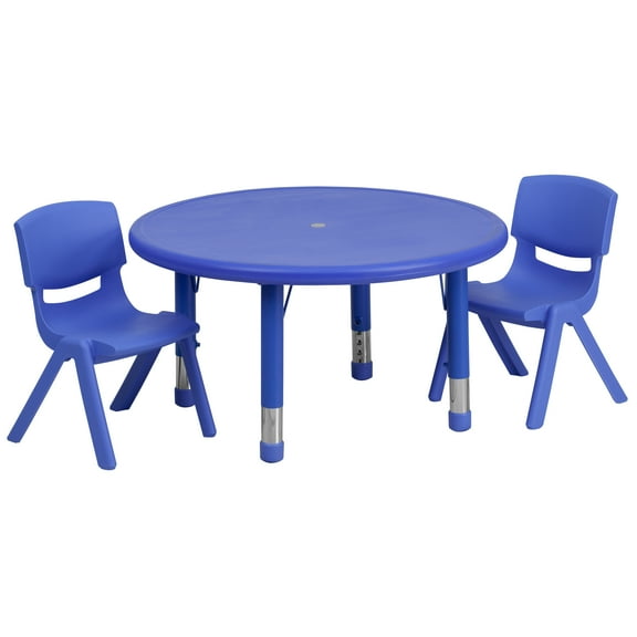 Flash Furniture 33'' Round Blue Plastic Height Adjustable Activity Table Set with 2 Chairs