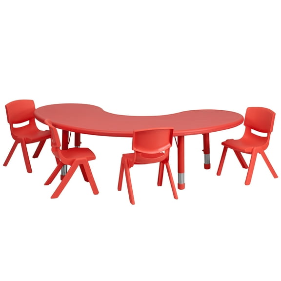 Flash Furniture 35''W x 65''L Half-Moon Red Plastic Height Adjustable Activity Table Set with 4 Chairs