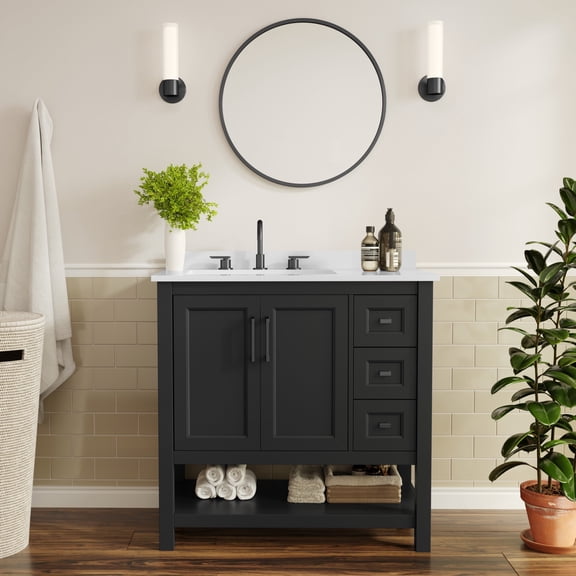 Flash Furniture 36" Bathroom Vanity with Sink, Cabinet with Black Hardware, Soft Close Doors, Open Shelf & 3 Drawers, Carrara Marble Finish Counter, Black/White