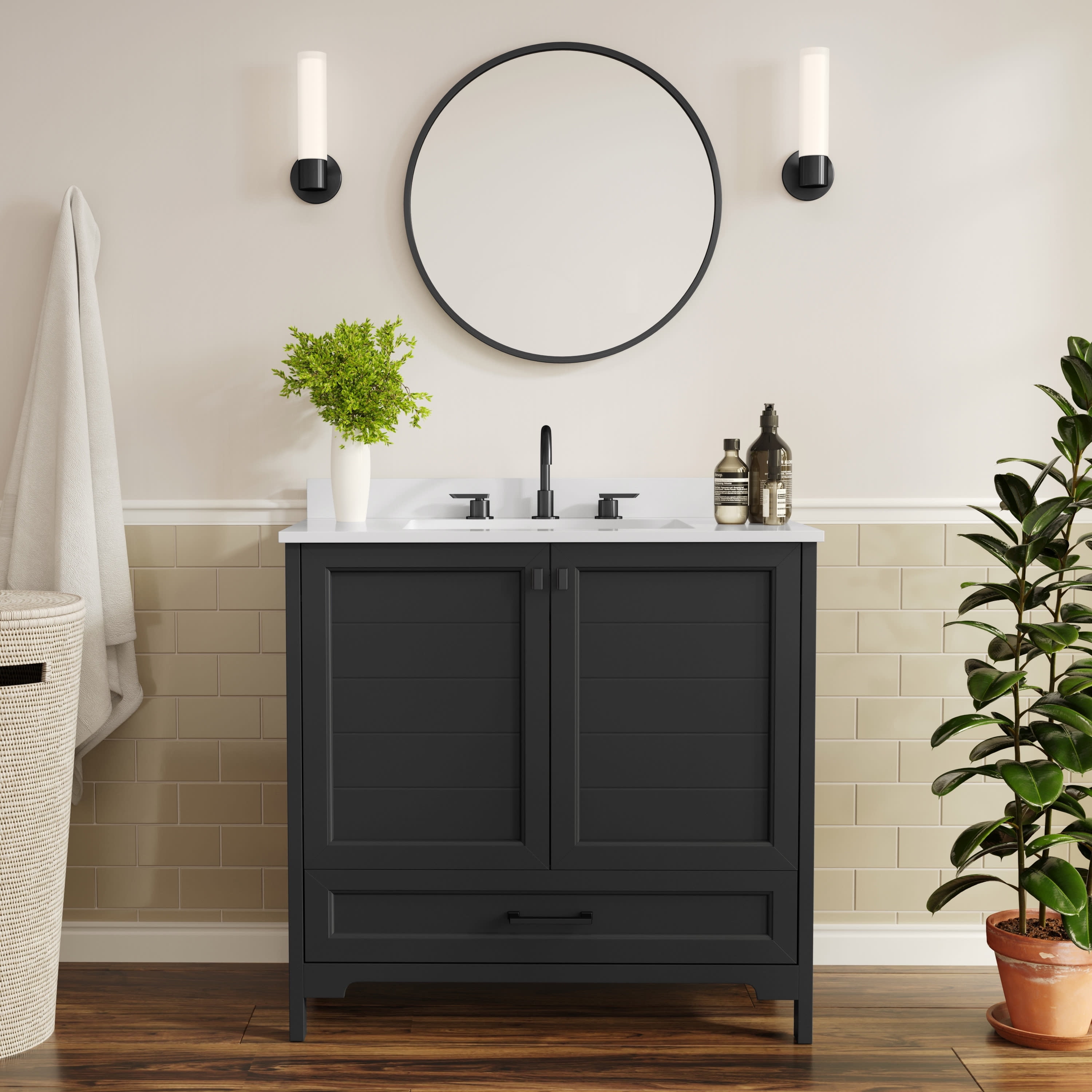 Flash Furniture Haven 36" Bathroom Vanity with Sink and Storage Cabinet Black/Black (FSBN436KDBKHBK)
