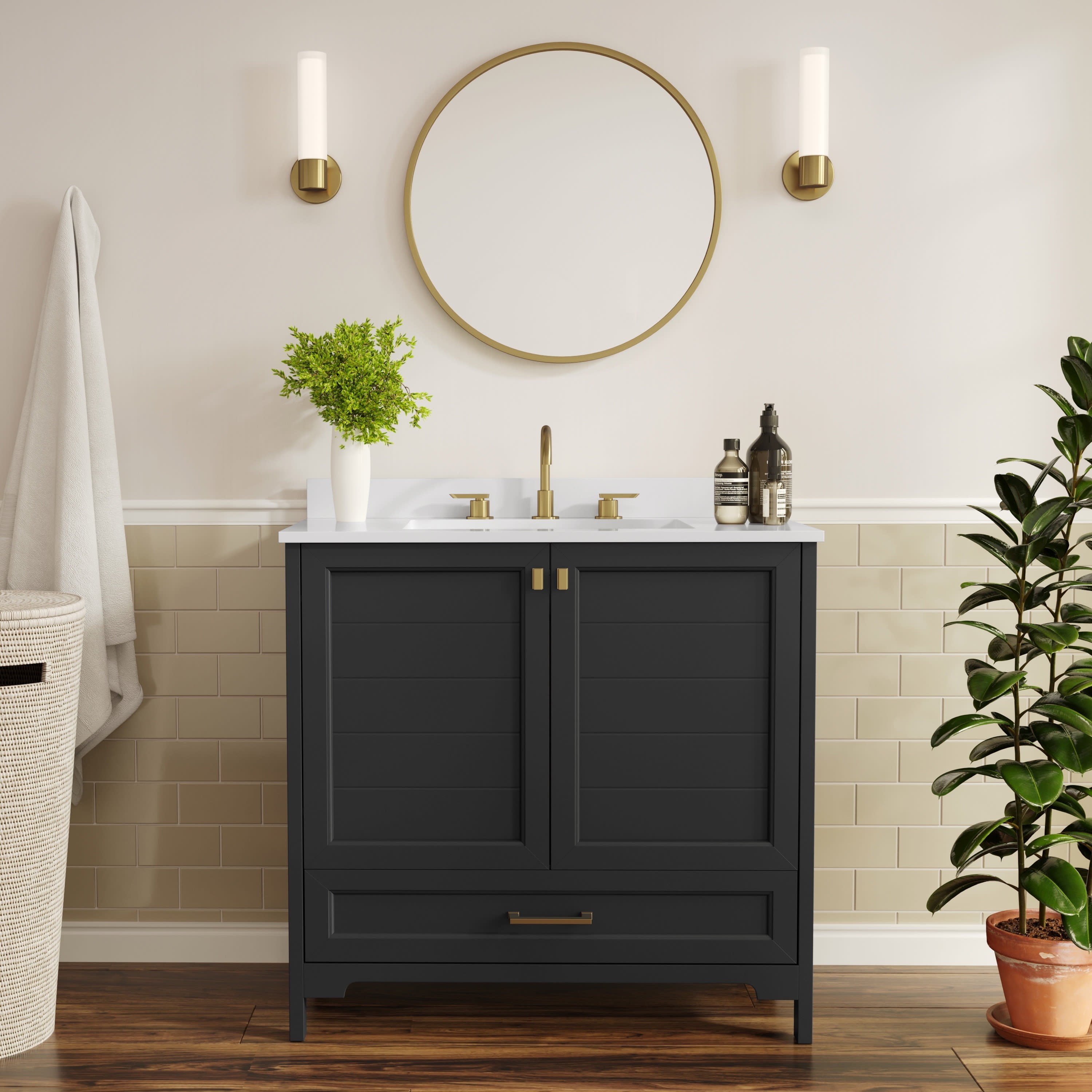 Flash Furniture Haven 36" Bathroom Vanity with Sink and Storage Cabinet Black/Gold (FSBN436KDBKHGD)