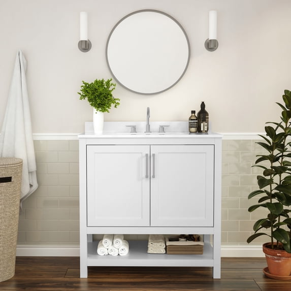 Flash Furniture 36 Inch Bathroom Vanity with Sink Combo, Storage Cabinet with Soft Close Doors and Open Shelf, Carrara Marble Finish Countertop, White/White