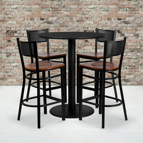 Flash Furniture 36'' Round Black Laminate Table Set with 4 Grid Back Metal Barstools - Cherry Wood Seat