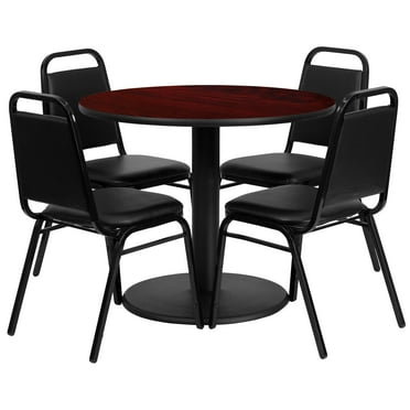 Flash Furniture 36'' Round Mahogany Laminate Table Set with Round Base and 4 Black Trapezoidal Back Banquet Chairs