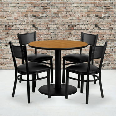 Flash Furniture 36'' Round Natural Laminate Table Set with 4 Grid Back Metal Chairs - Black Vinyl Seat