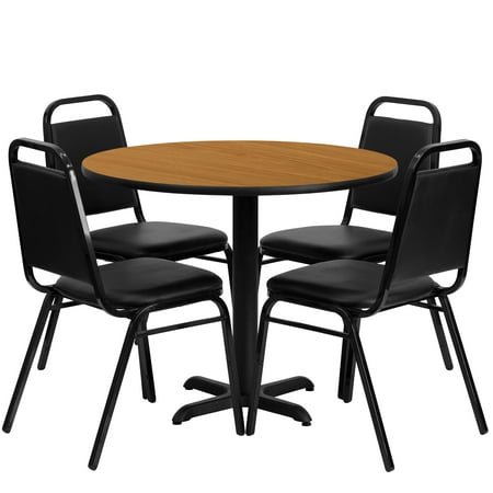 Flash Furniture 36'' Round Natural Laminate Table Set with X-Base and 4 Black Trapezoidal Back Banquet Chairs