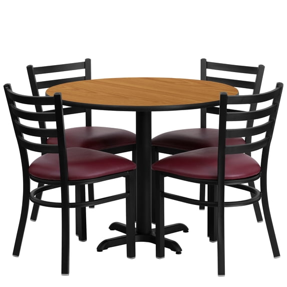 Flash Furniture 36'' Round Natural Laminate Table Set with X-Base and 4 Ladder Back Metal Chairs - Burgundy Vinyl Seat
