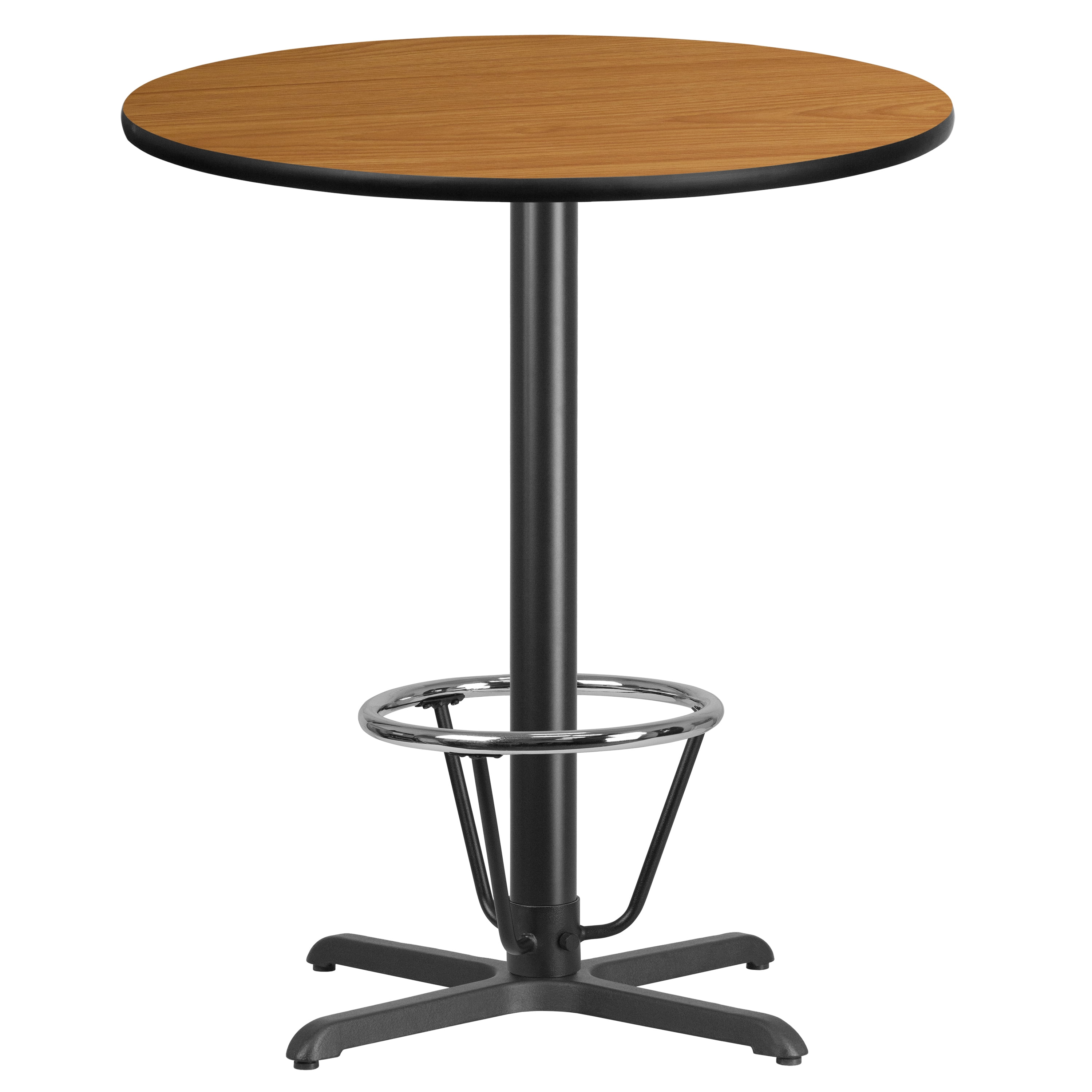Natural Brown Laminate Round Bar Height Table with Black Metal Base