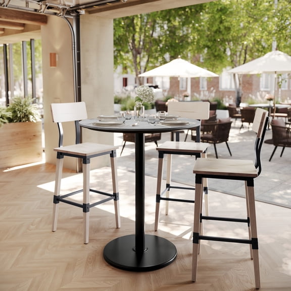 Flash Furniture 36" Round Tabletop with TopGuard HPL Technology in Gray Faux Concrete with 24" Black Round Bar Height Base