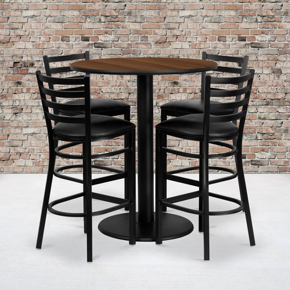 Flash Furniture 36'' Round Walnut Laminate Table Set with 4 Ladder Back Metal Barstools - Black Vinyl Seat