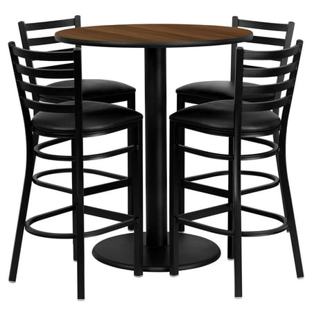 Flash Furniture 36'' Round Walnut Laminate Table Set with 4 Ladder Back Metal Barstools - Black Vinyl Seat