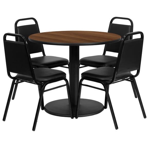 Flash Furniture 36'' Round Walnut Laminate Table Set with Round Base and 4 Black Trapezoidal Back Banquet Chairs