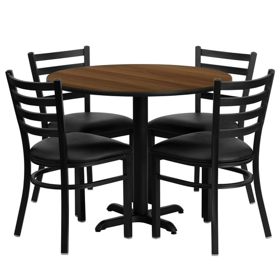 Flash Furniture 36'' Round Walnut Laminate Table Set with X-Base and 4 Ladder Back Metal Chairs - Black Vinyl Seat