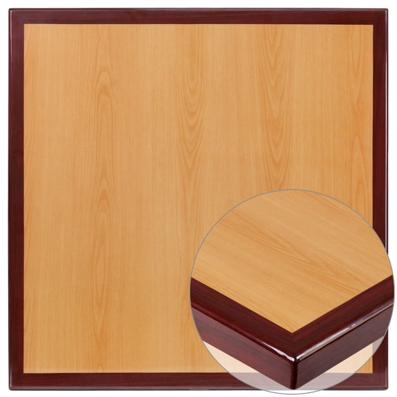 Flash Furniture 36'' Square 2-Tone High-Gloss Cherry / Mahogany Resin Table Top with 2'' Thick Drop-Lip